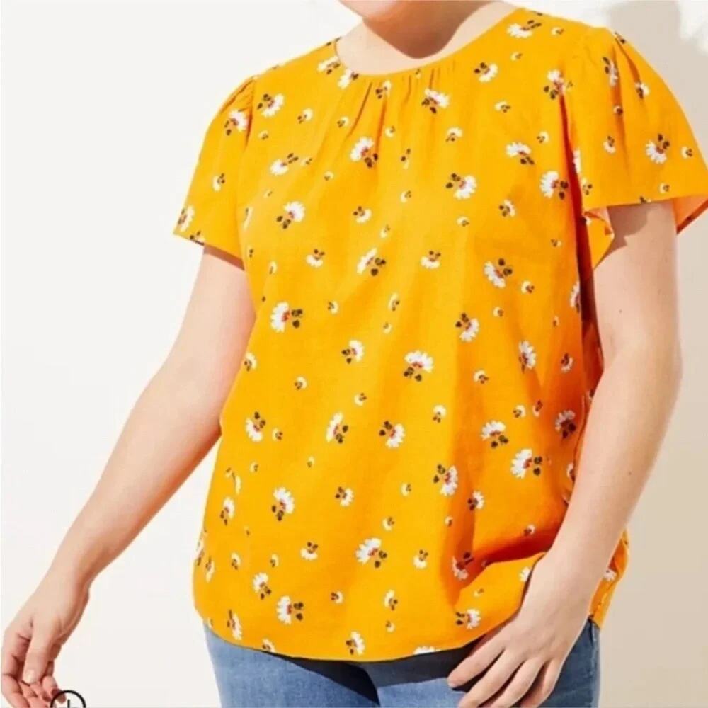 Loft‎ Plus Womens Blouse 55% Linen Gold-Orange Floral Button up Back plus size